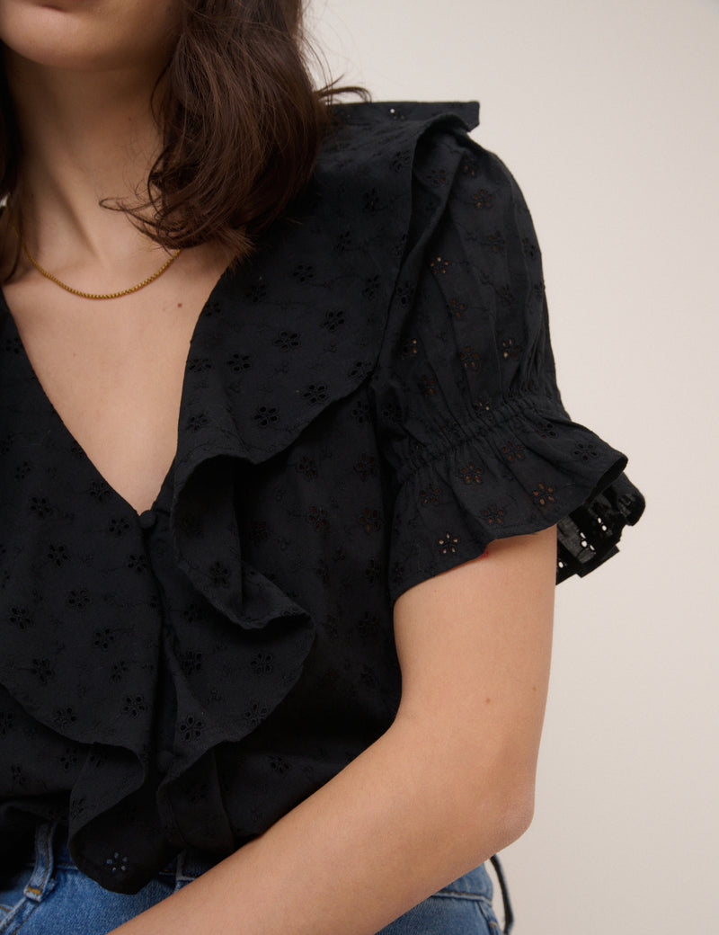 Black Embroidered Ruffle Trim Top