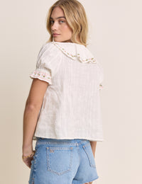 White Floral Ruffle Trim Blouse
