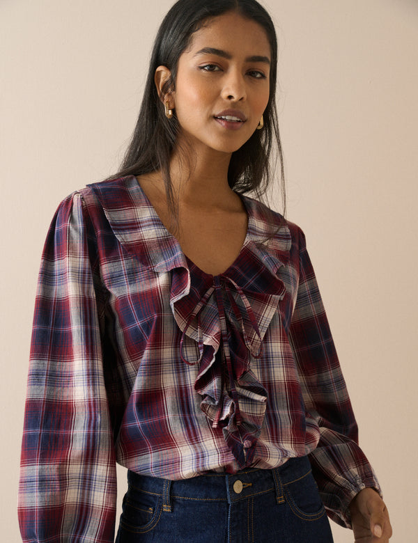 Red Check Ruffle Trim Top