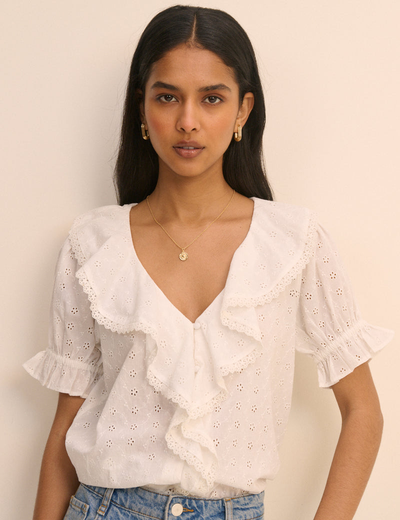 White Floral Broderie Ruffle Trim Top