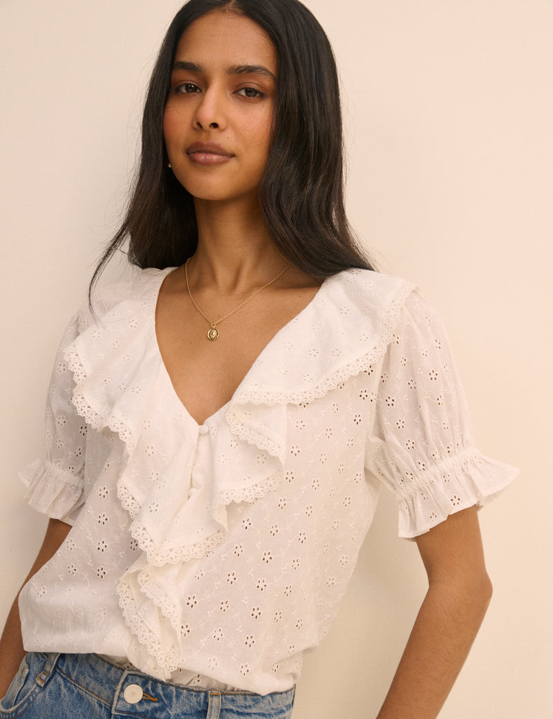 White Floral Broderie Ruffle Trim Top