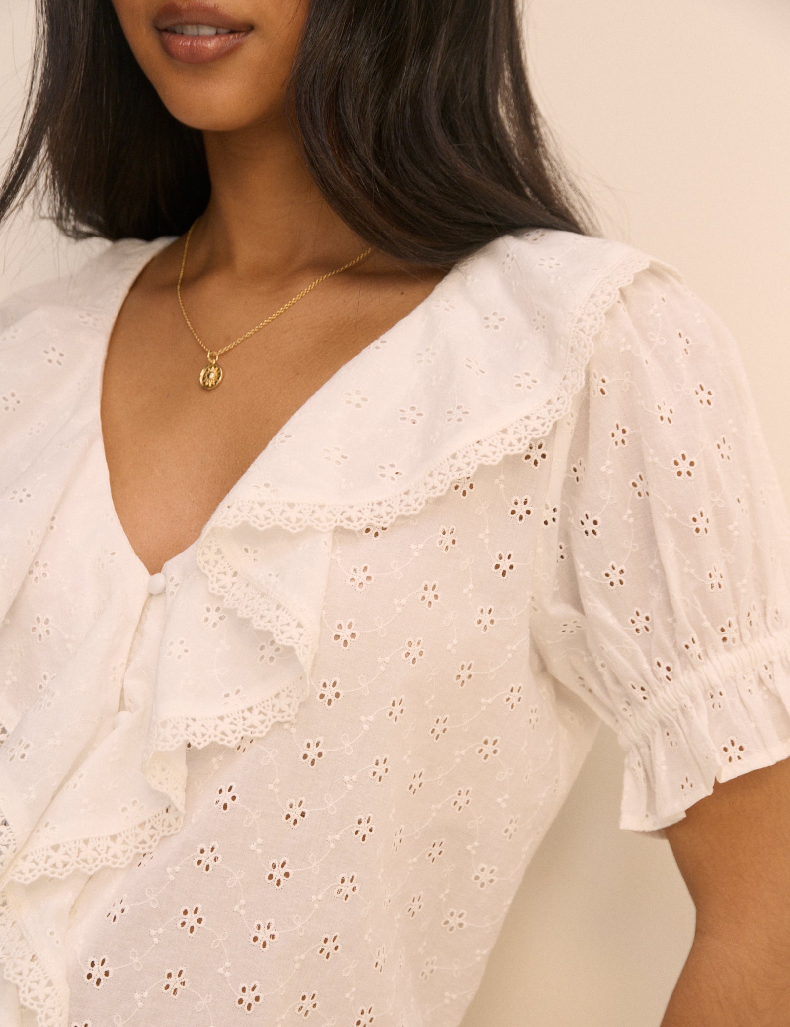 White Floral Broderie Ruffle Trim Top