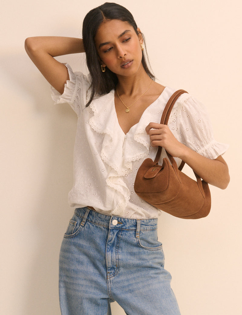 White Floral Broderie Ruffle Trim Top