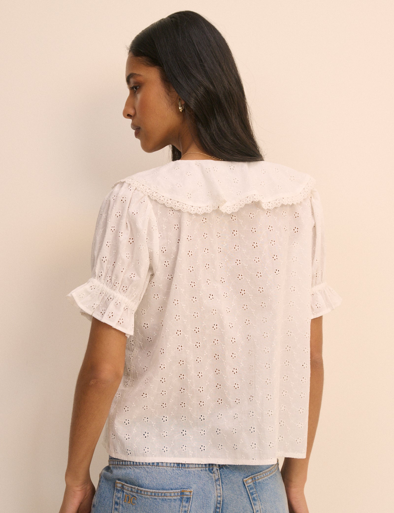 White Floral Broderie Ruffle Trim Top