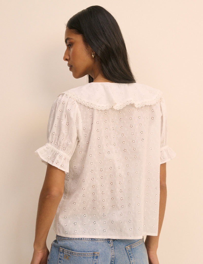 White Floral Broderie Ruffle Trim Top