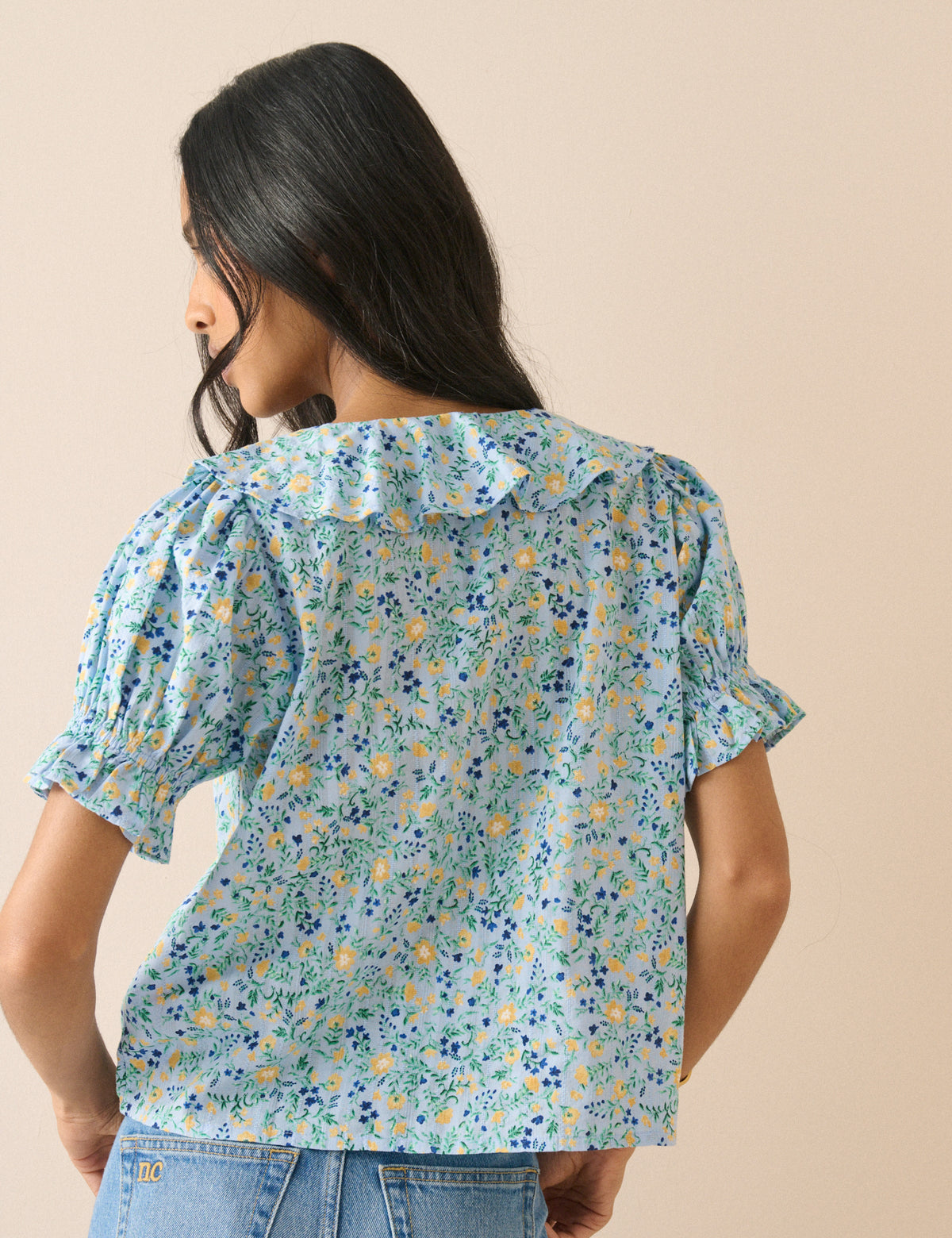 Blue Floral Ruffle Trim Top