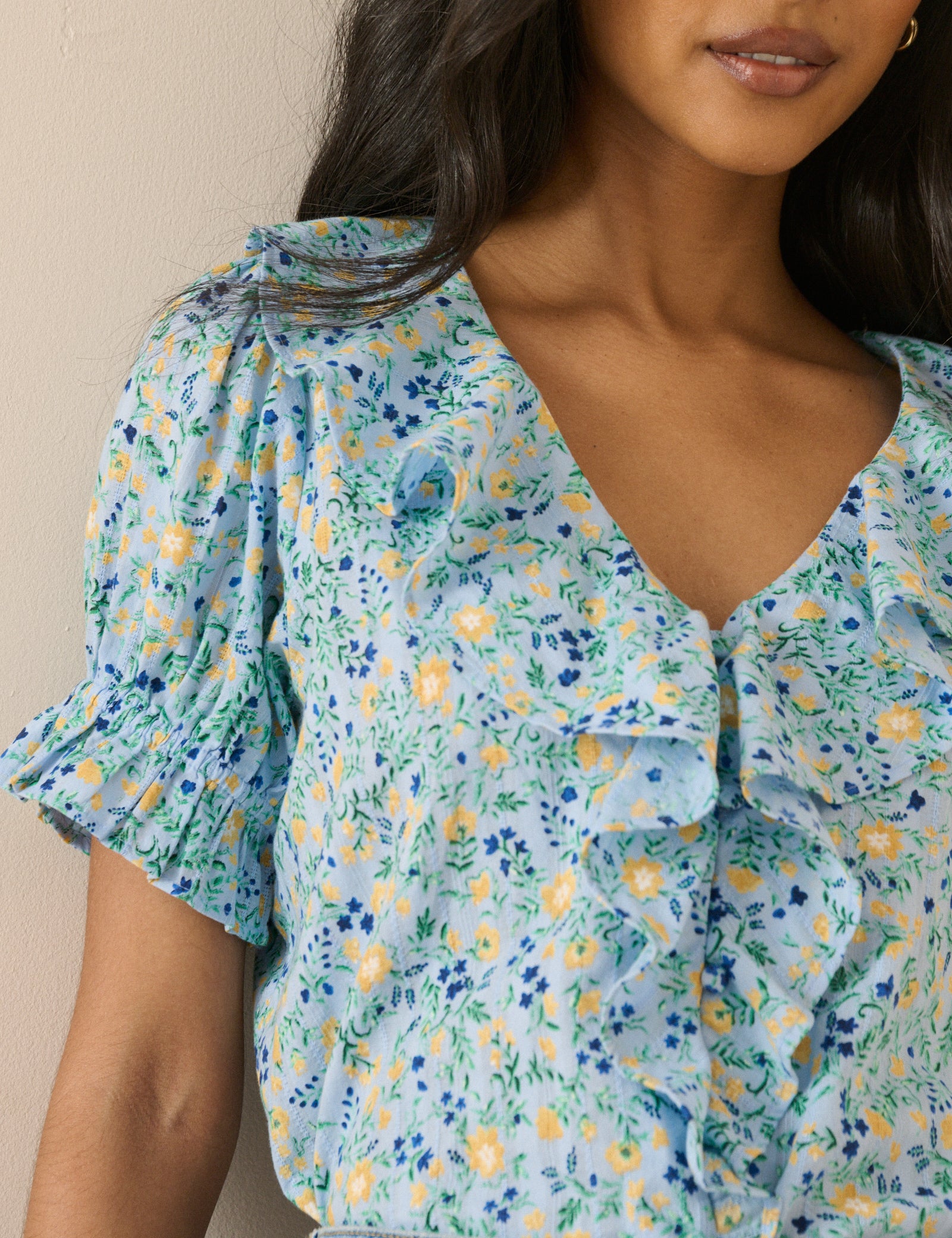 Blue Floral Ruffle Trim Top