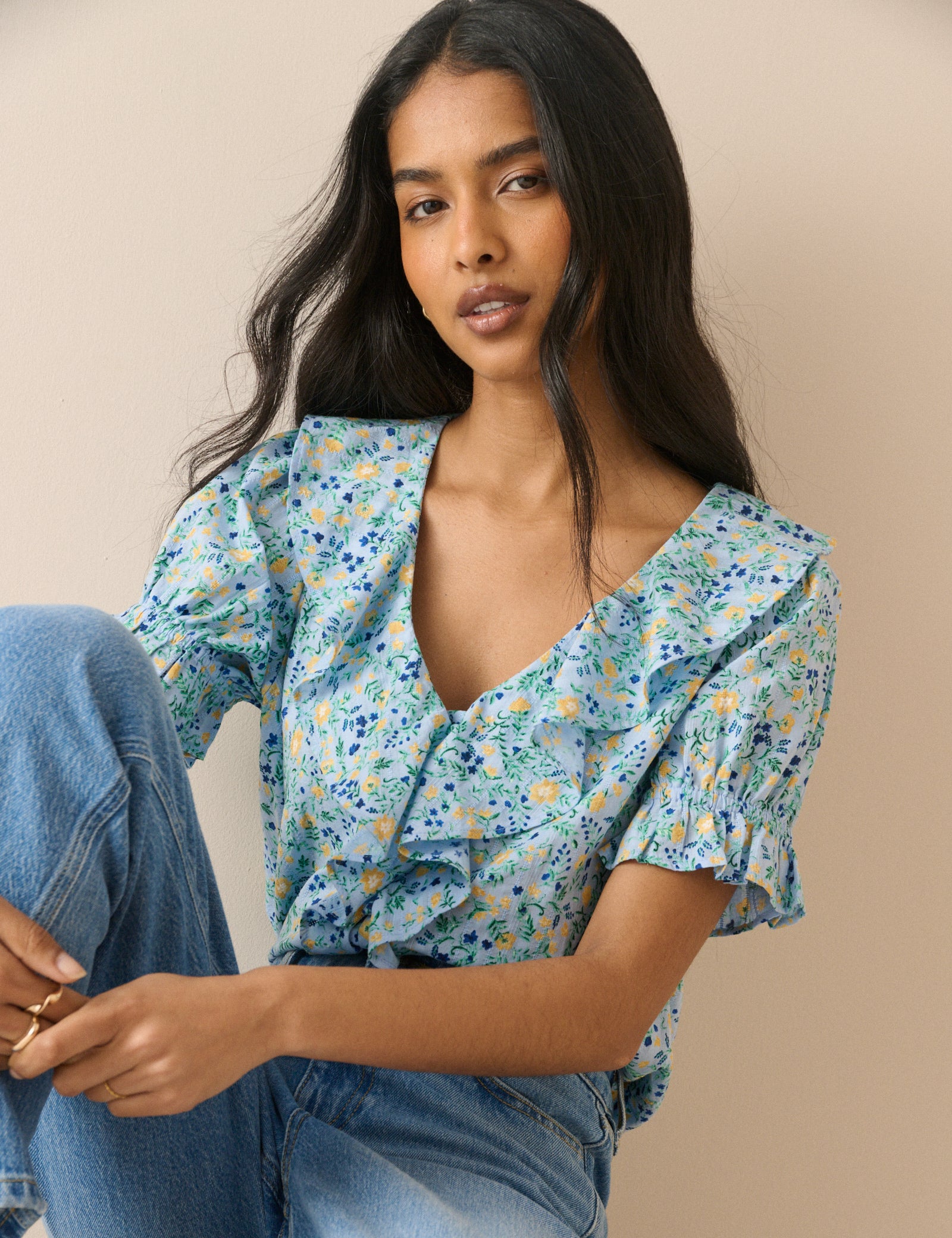Blue Floral Ruffle Trim Top