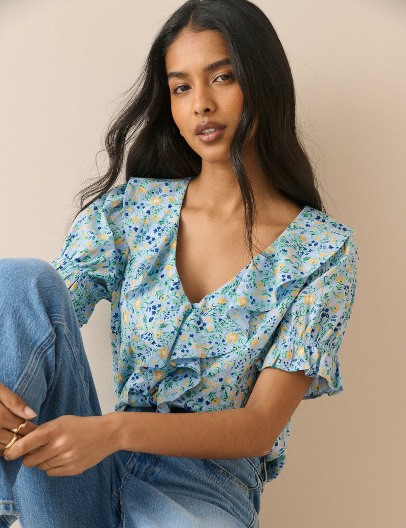 Blue Floral Ruffle Trim Top