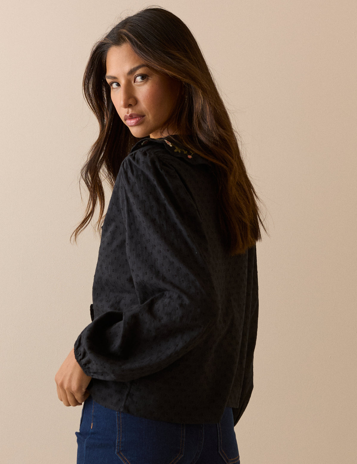 Black Embroidered Floral Ruffle Trim Top