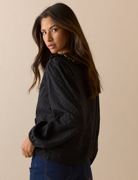 Black Embroidered Floral Ruffle Trim Top