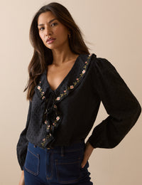 Black Embroidered Floral Ruffle Trim Top