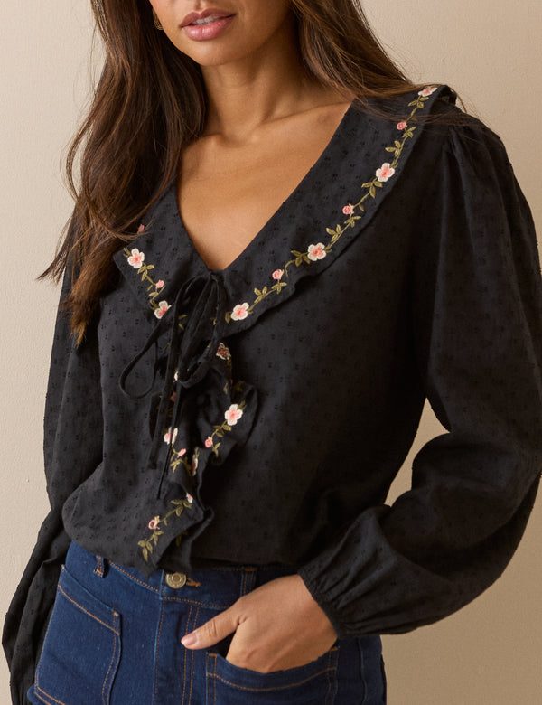 Black Embroidered Floral Ruffle Trim Top