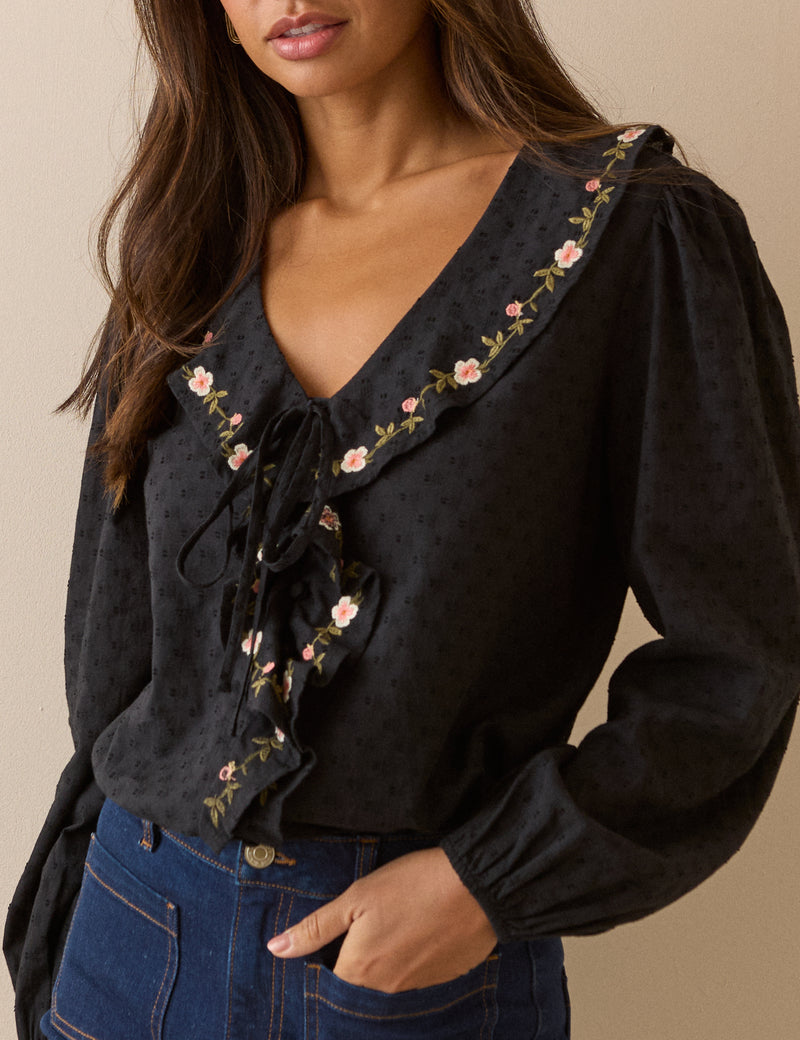 Black Embroidered Floral Ruffle Trim Top