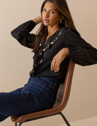 Black Embroidered Floral Ruffle Trim Top