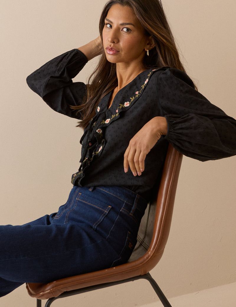 Black Embroidered Floral Ruffle Trim Top