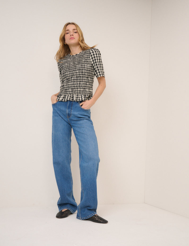 Black and White Gingham Shirred Top
