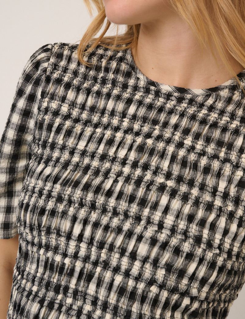 Black and White Gingham Shirred Top