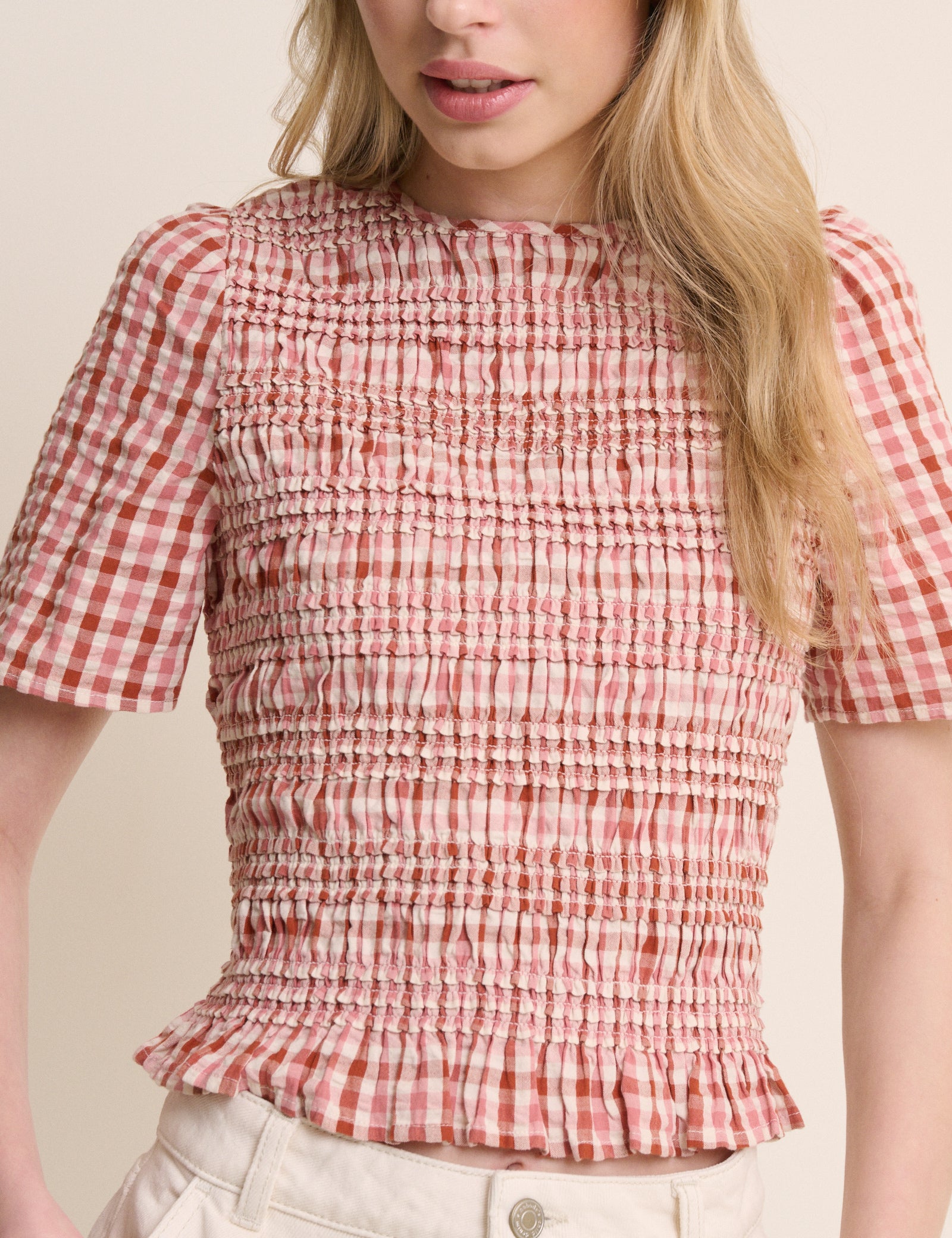 Red and Pink Gingham Shirred Top
