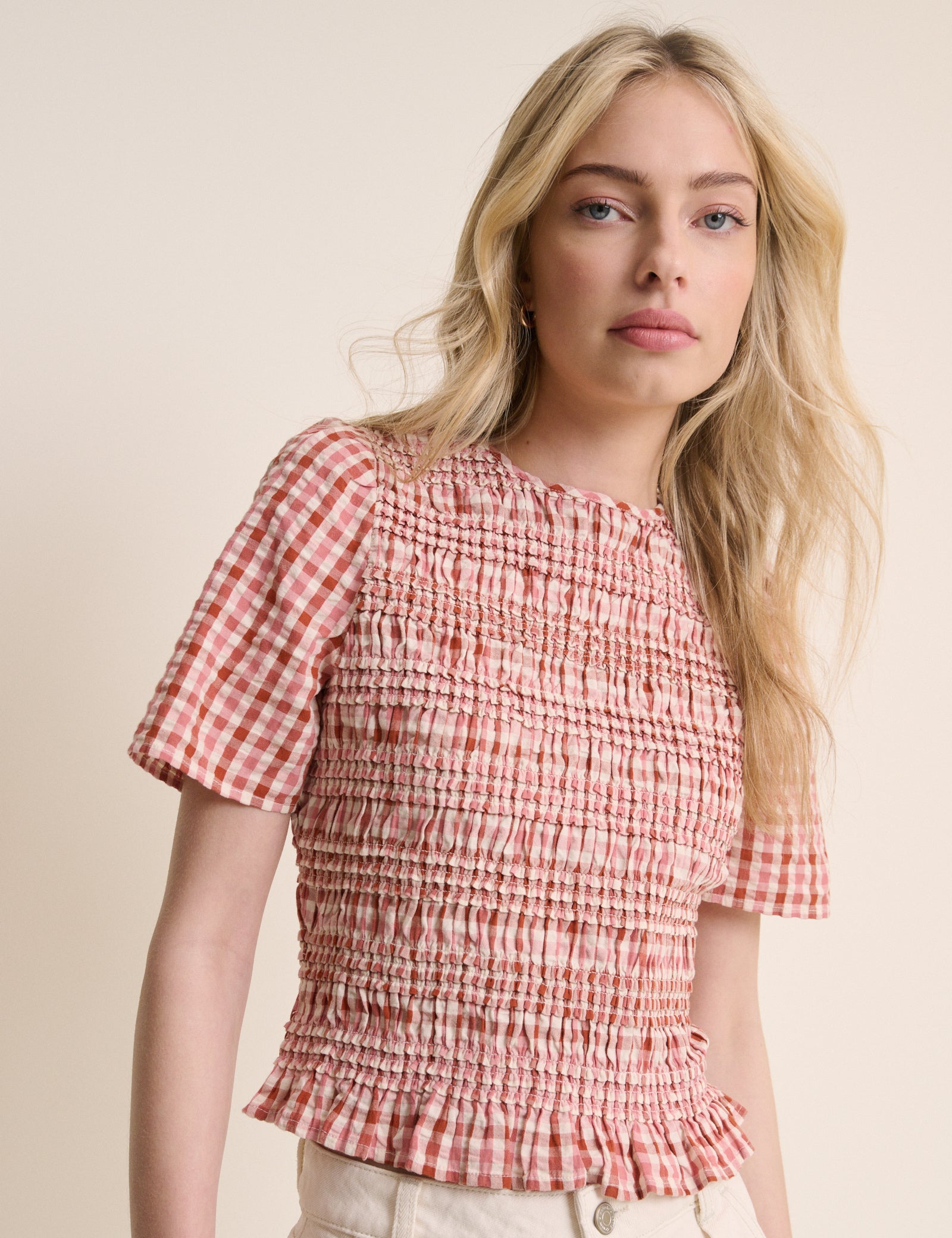 Red and Pink Gingham Shirred Top