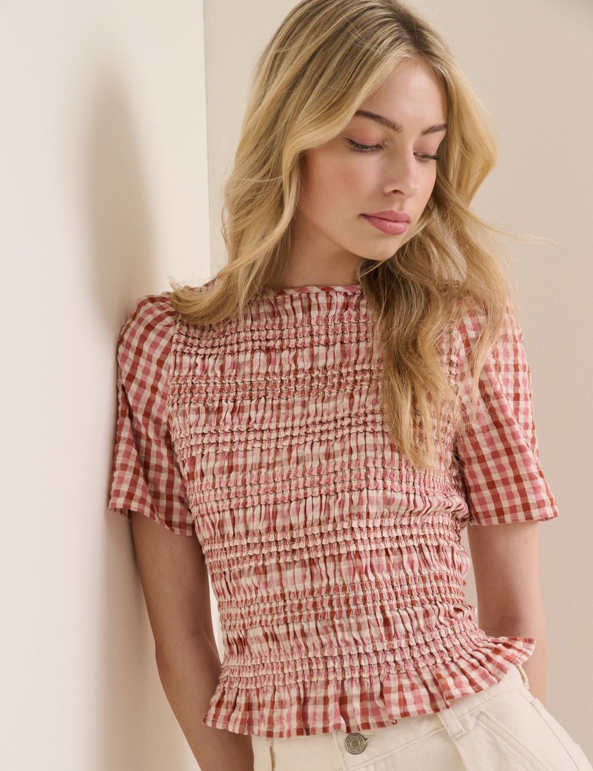 Red and Pink Gingham Shirred Top