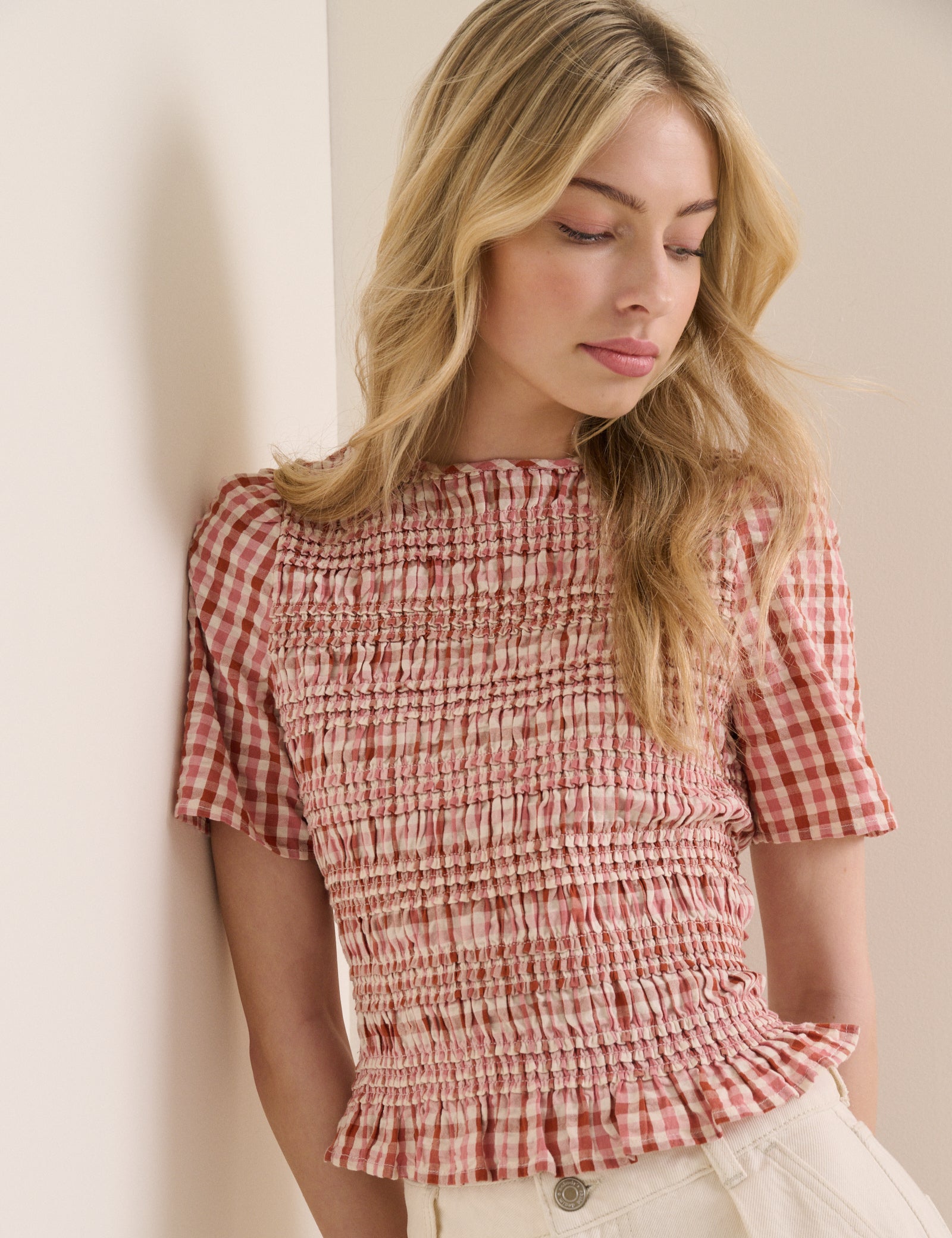 Red and Pink Gingham Shirred Top