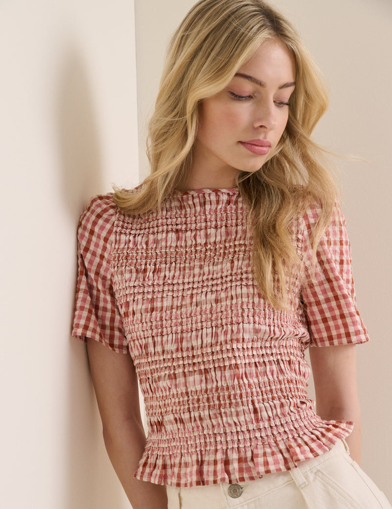 Red and Pink Gingham Shirred Top