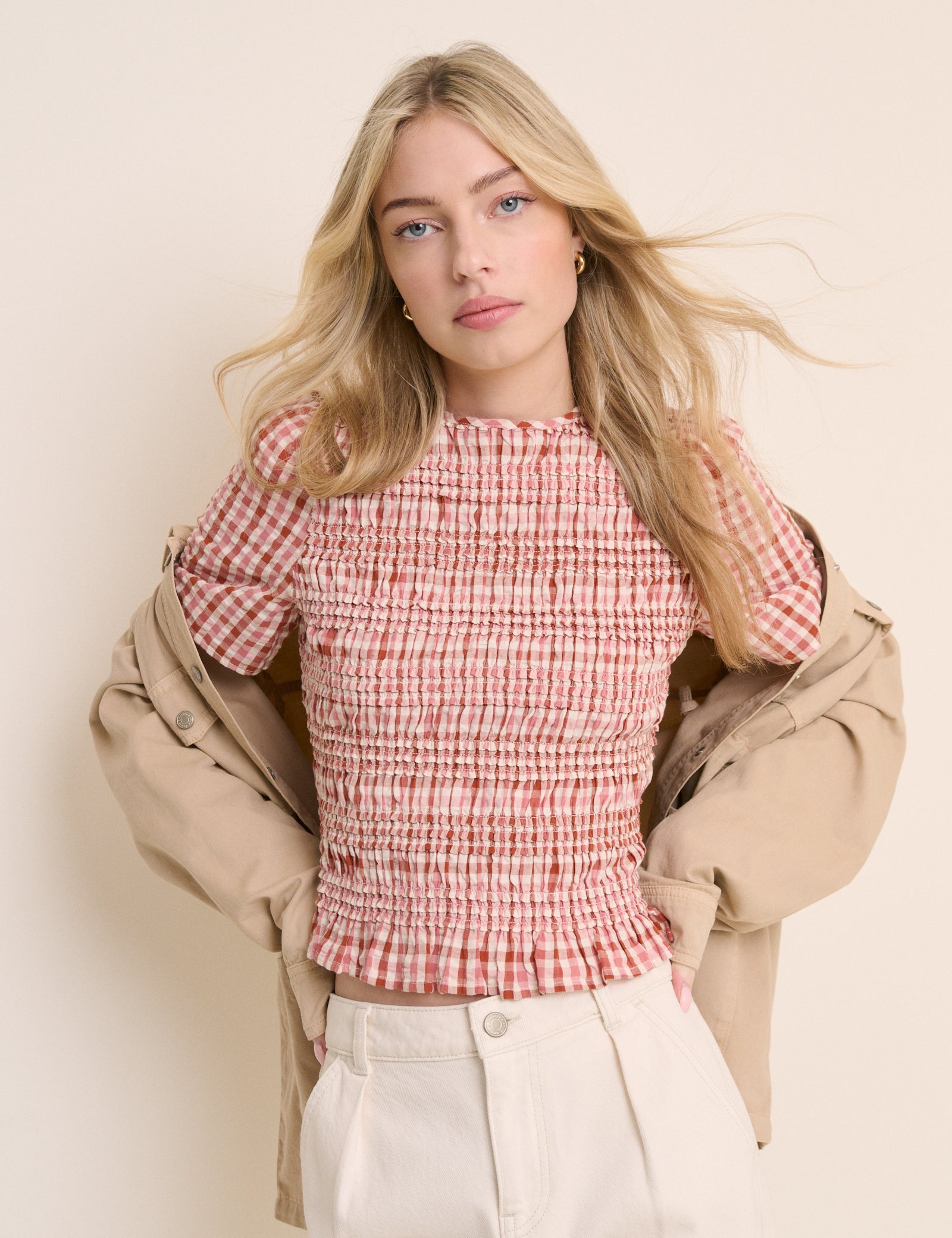 Red and Pink Gingham Shirred Top