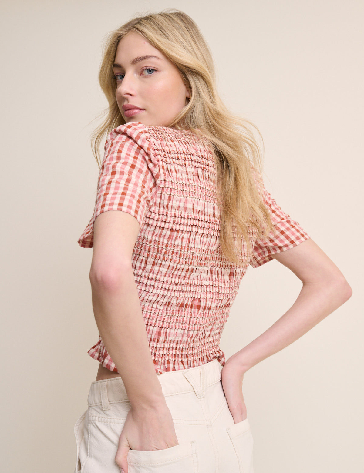 Red and Pink Gingham Shirred Top