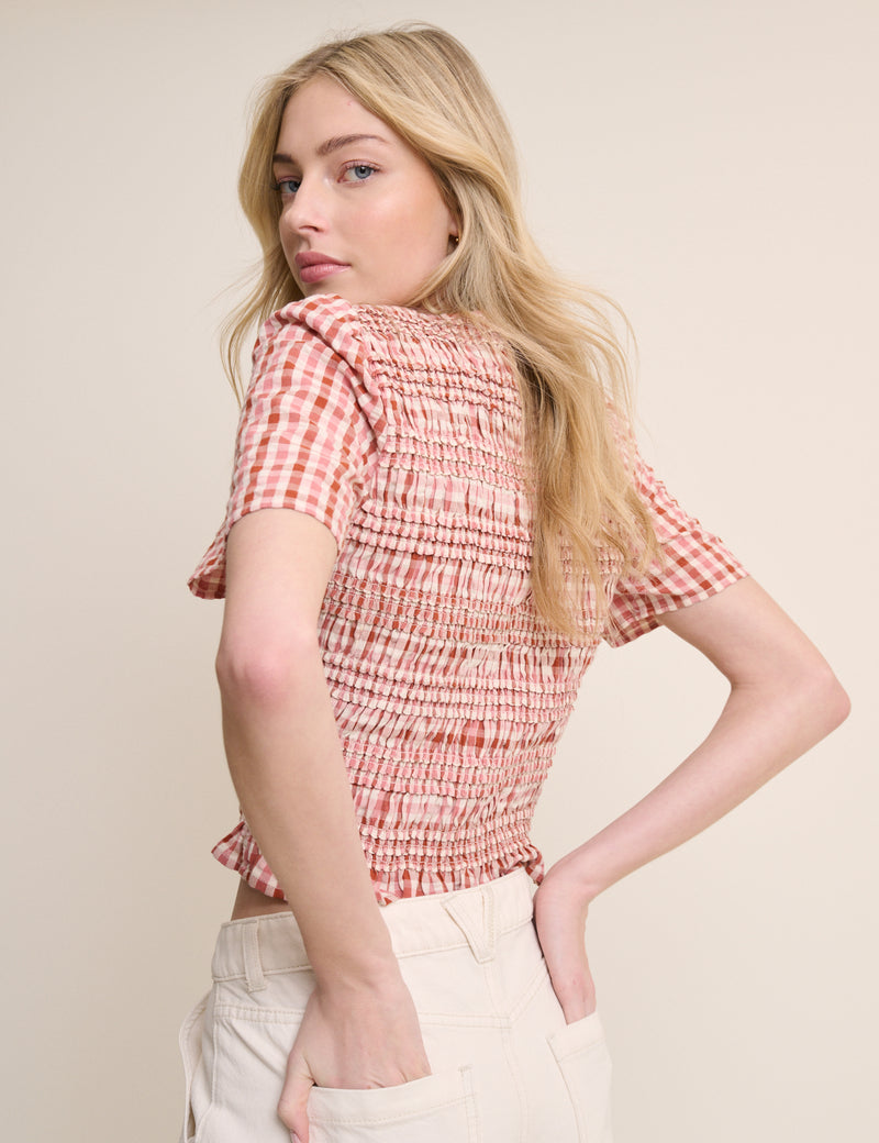 Red and Pink Gingham Shirred Top