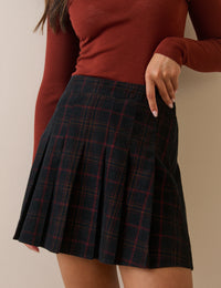 Black and Red Tartan Pleated Mini Skirt