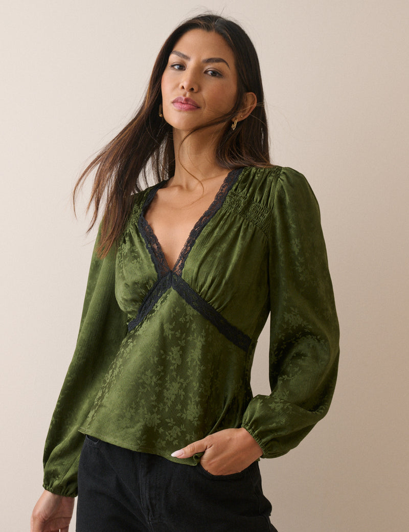 Olive Green Jacquard Floral Lace Trim Angela Top