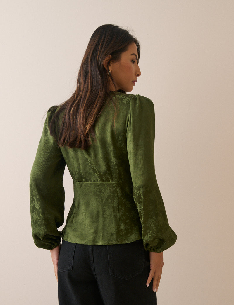 Olive Green Jacquard Floral Lace Trim Angela Top