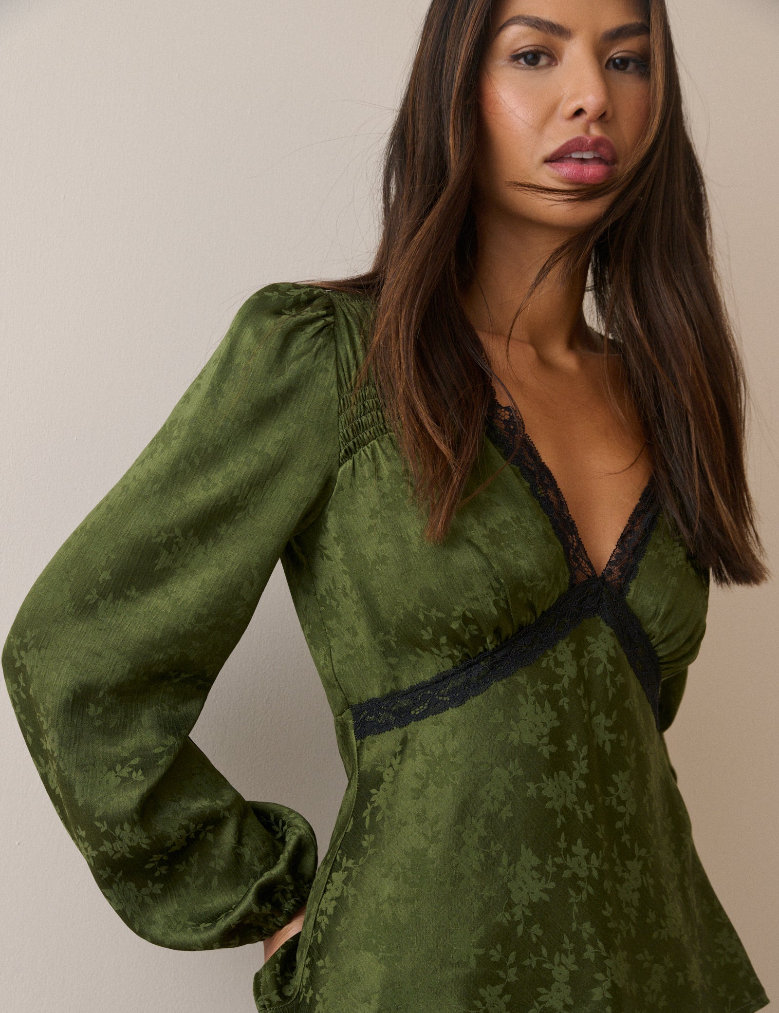 Olive Green Jacquard Floral Lace Trim Angela Top