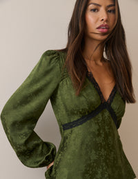 Olive Green Jacquard Floral Lace Trim Angela Top