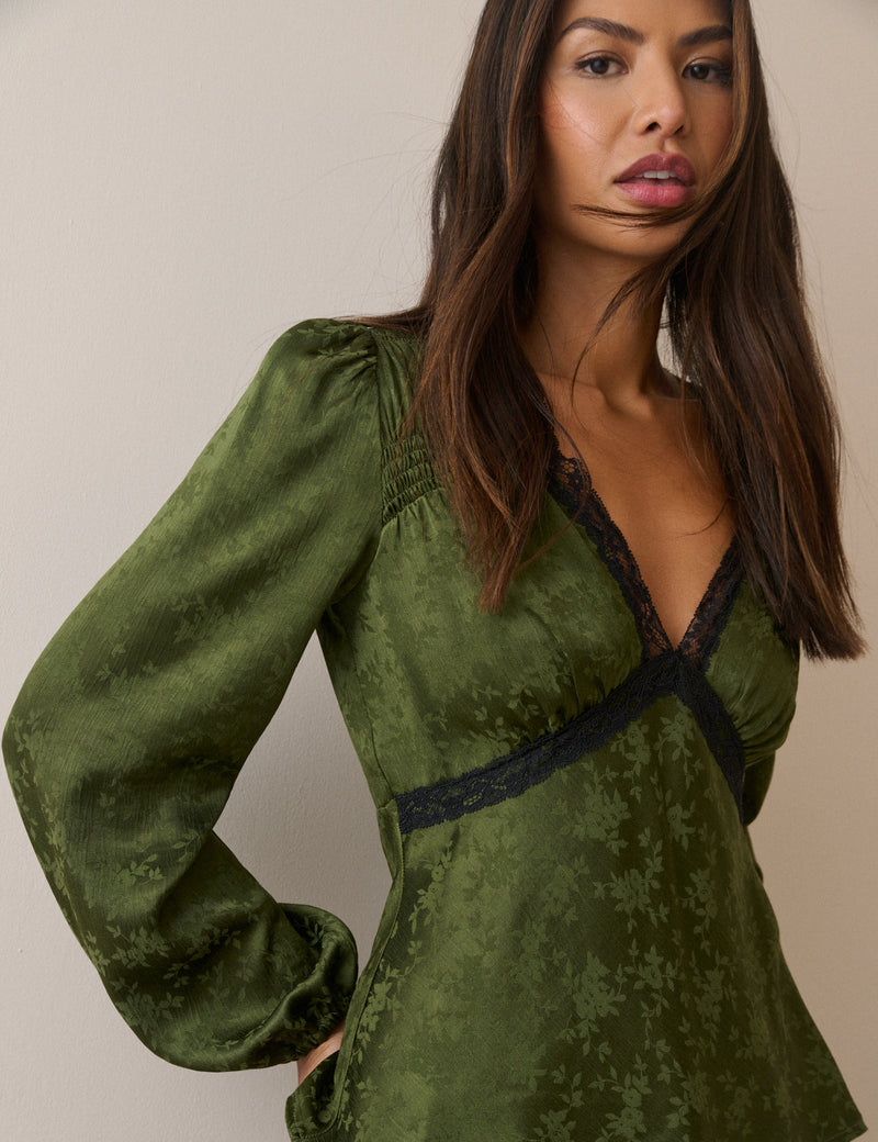 Olive Green Jacquard Floral Lace Trim Angela Top