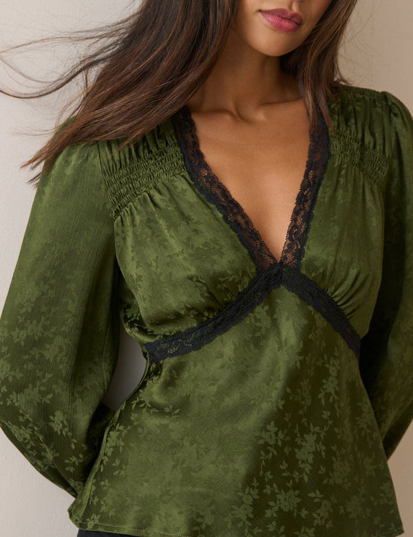 Olive Green Jacquard Floral Lace Trim Angela Top