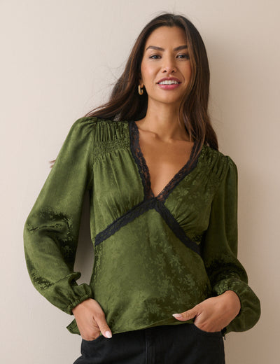 Olive Green Jacquard Floral Lace Trim Angela Top