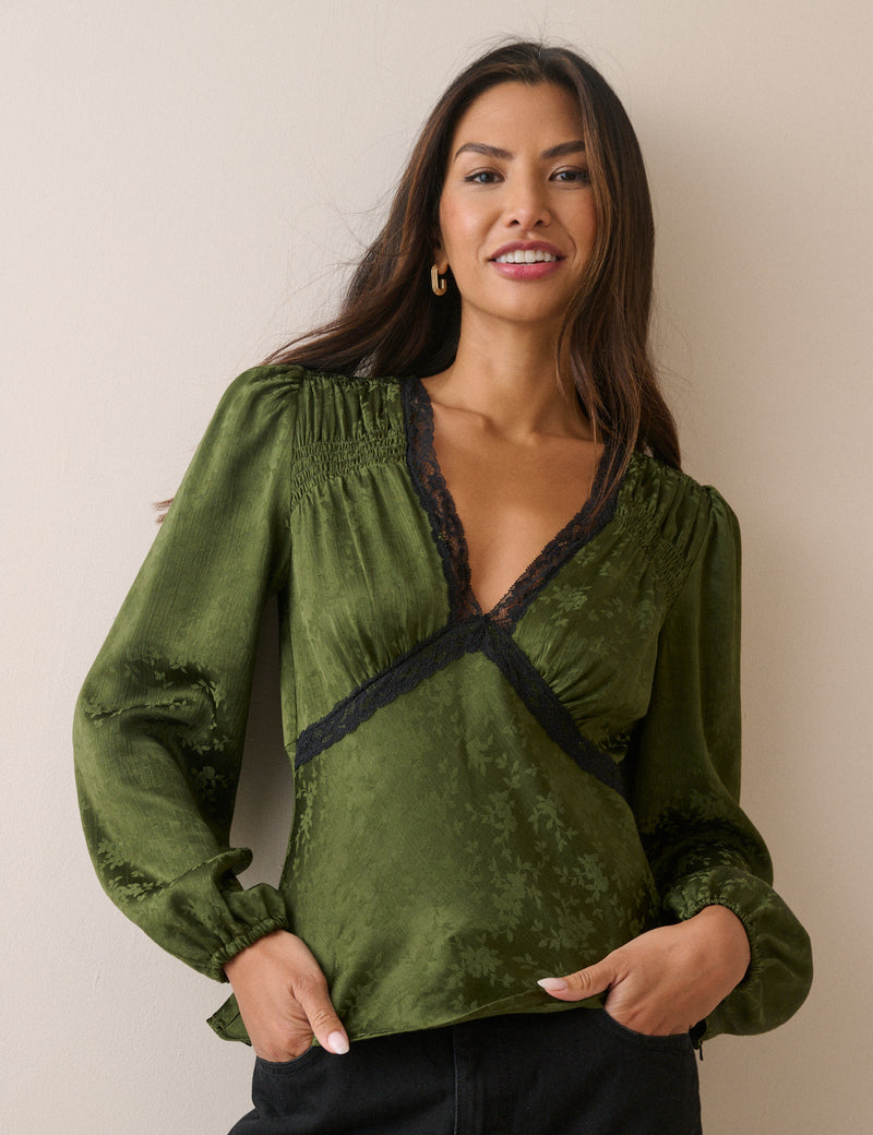 Olive Green Jacquard Floral Lace Trim Angela Top