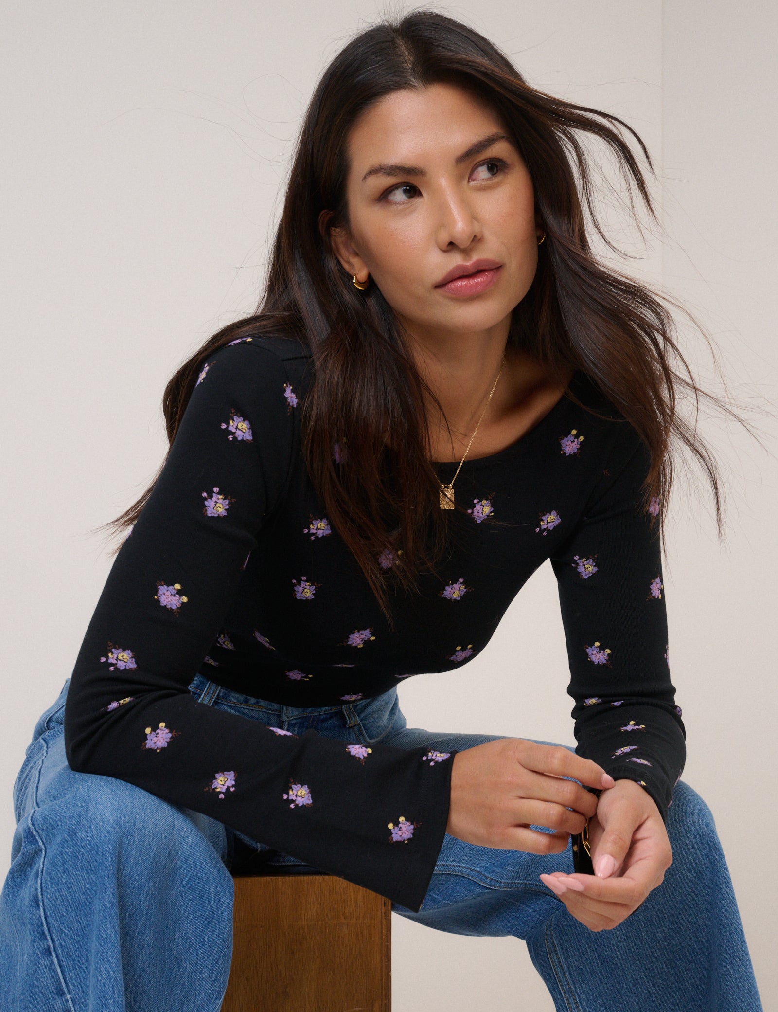 Black Floral Printed Flute Sleeve Top