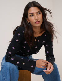 Black Floral Printed Flute Sleeve Top