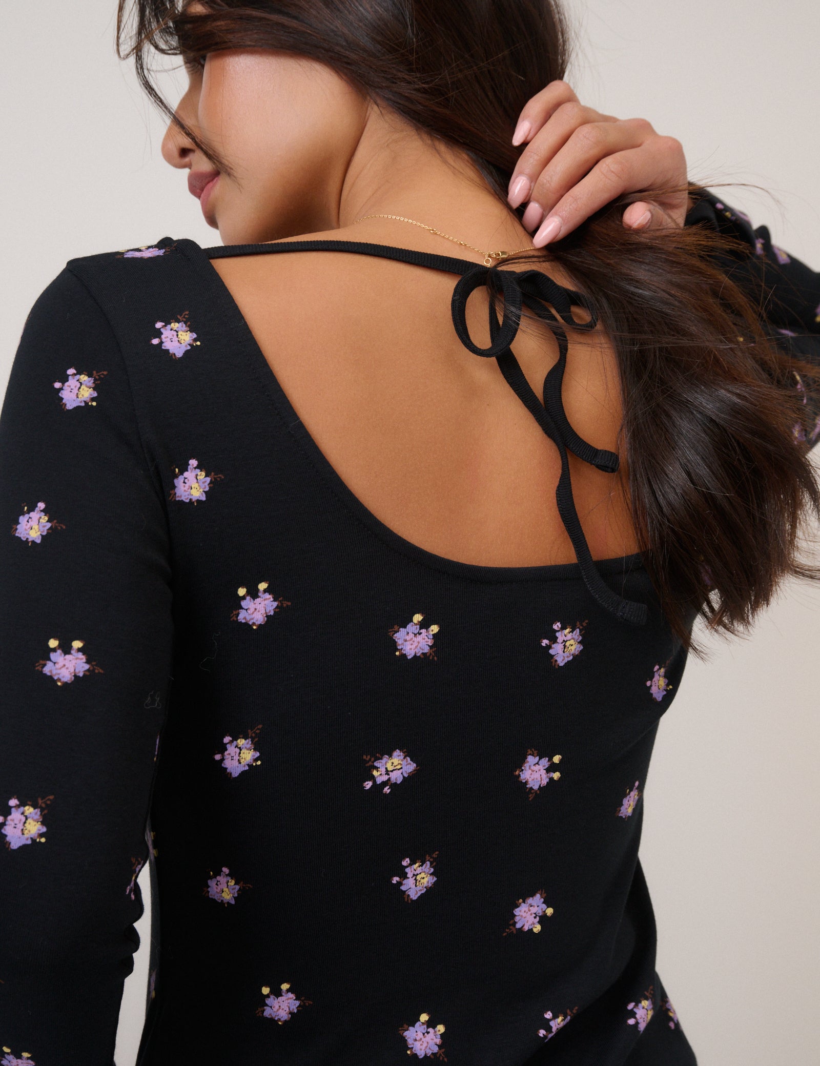 Black Floral Printed Flute Sleeve Top