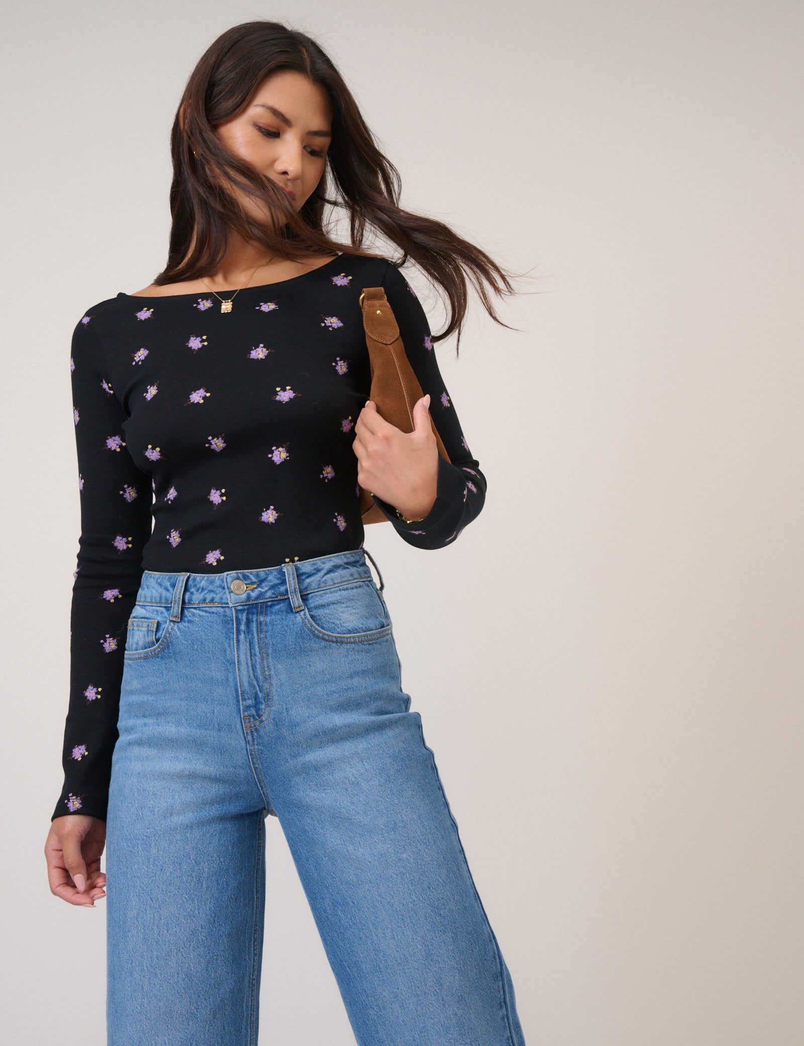 Black Floral Printed Flute Sleeve Top