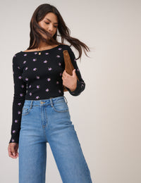 Black Floral Printed Flute Sleeve Top