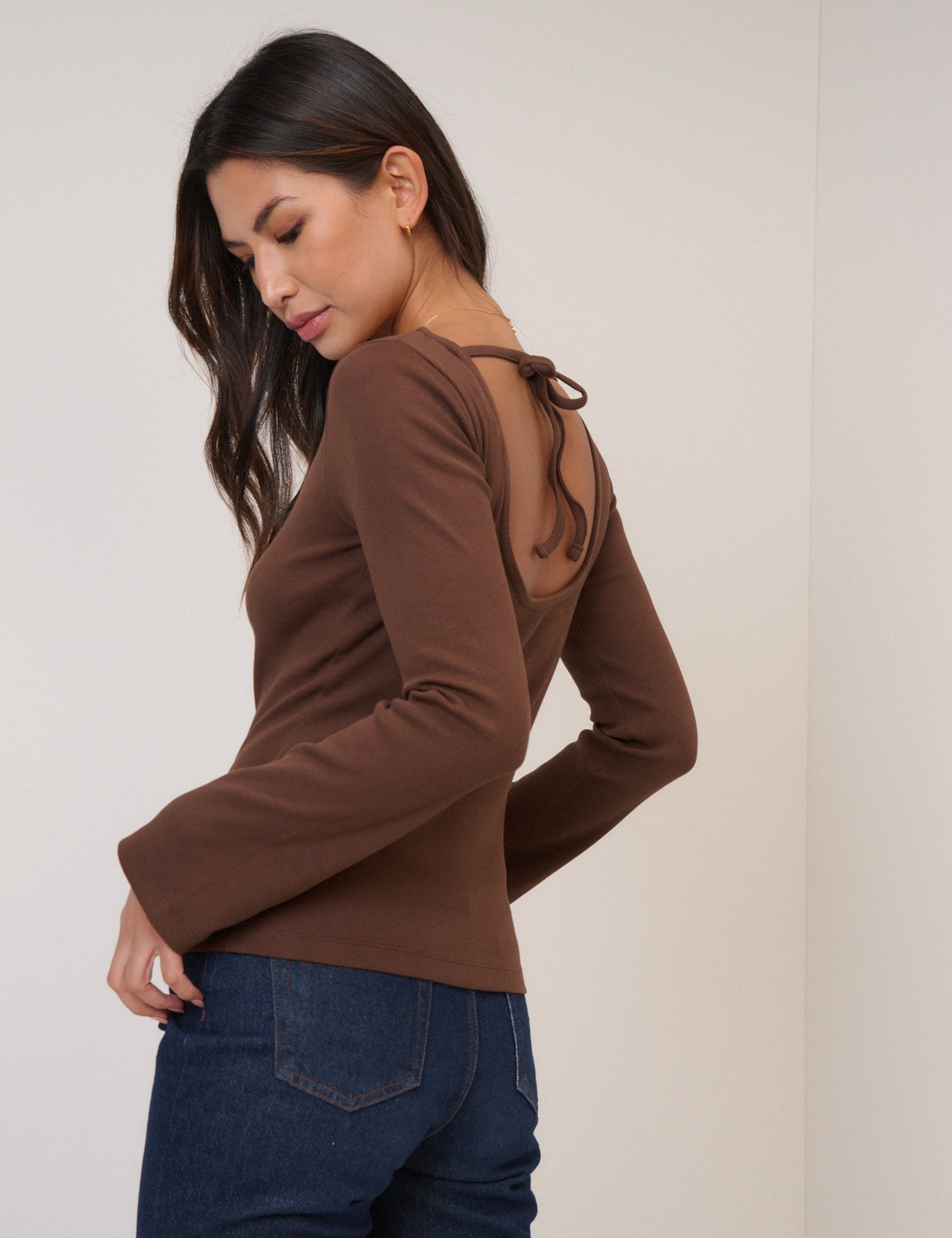 Brown Ribbed Flute Sleeve Top
