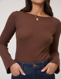 Brown Ribbed Flute Sleeve Top