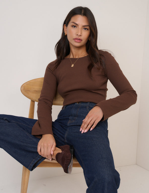 Brown Ribbed Flute Sleeve Top