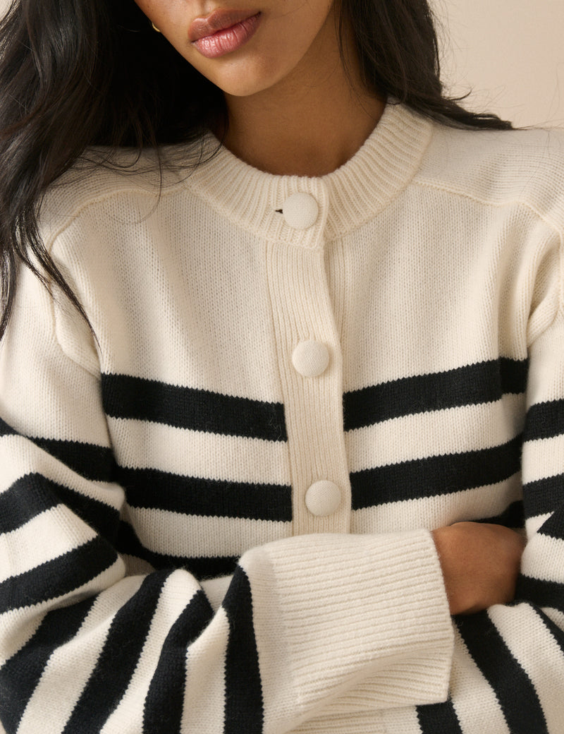 White And Black Striped Wool Saddle Lily Cardigan