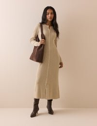 Beige Ribbed Knitted Midi Dress