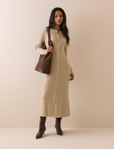 Beige Ribbed Knitted Midi Dress